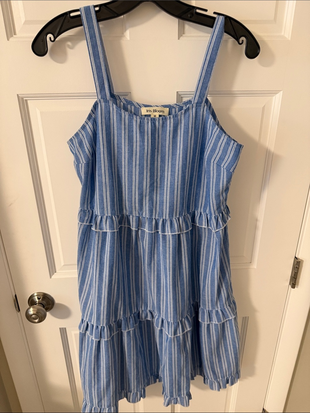 Iris Bloom Blue & White Striped Tiered Ruffle
Cami Sundress Linen Cotton  Size M